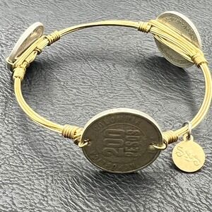 World Coin Wire Wrapped Bangle Bracelet Gold Tone International Currency Vtg 90s